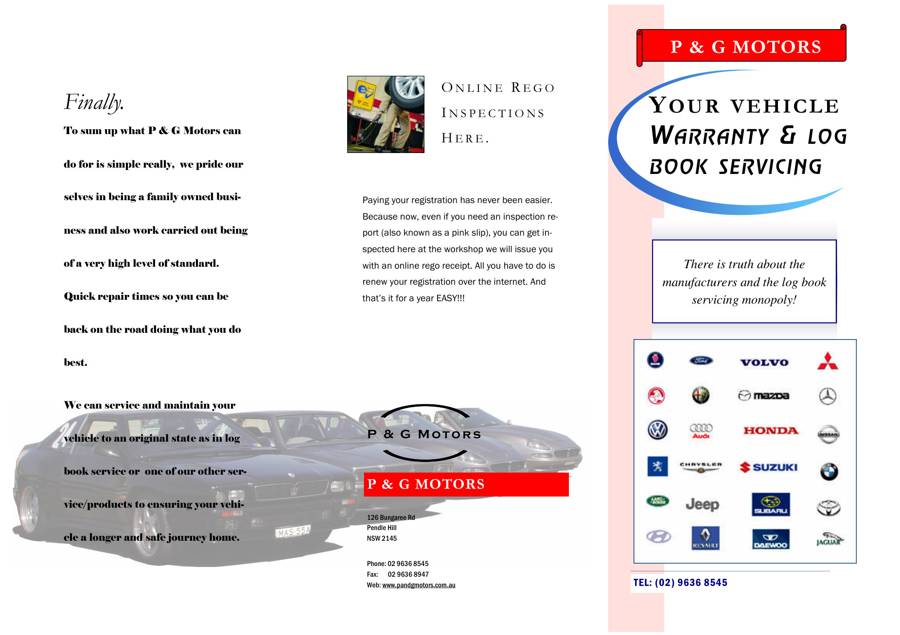 P and G Motors warranty and log book servicing brochure — all makes